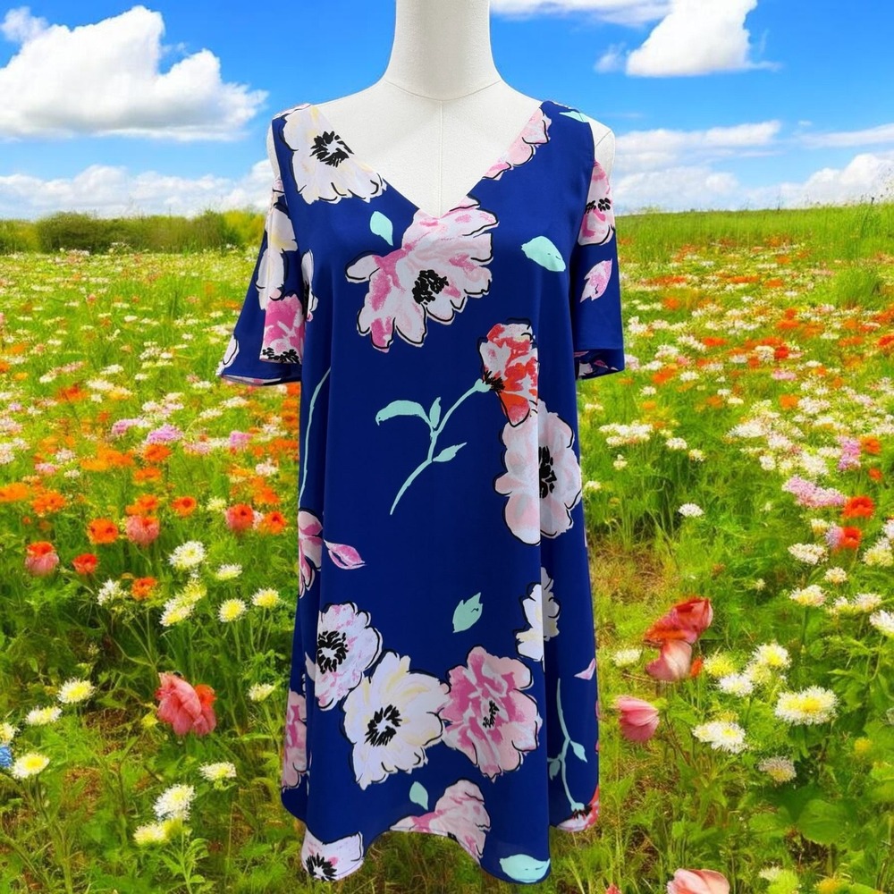 Kaari Blue Floral Dress Cottagecore Boho Spring Feminine Flowy Casual Chic SZ‎ S